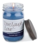 blue quote candle with the text live laugh love