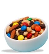 bowl of nuts raisins and m&m's